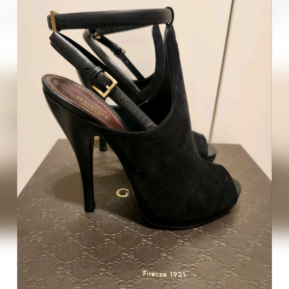 NIB Gucci Blck Suede/Leather Peep Toe Slingback Ankle Strap Pumps Sz.8/38.5 $995 - Picture 3 of 10